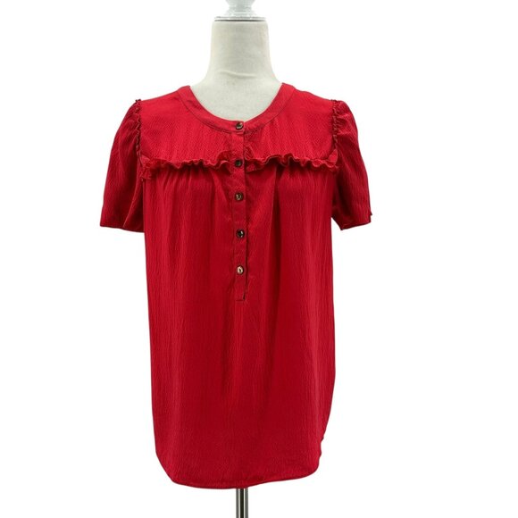 J. Crew Womens 6 Top Silk Red Button Short Sleeve Ruffle Red Blouse - Picture 1 of 8